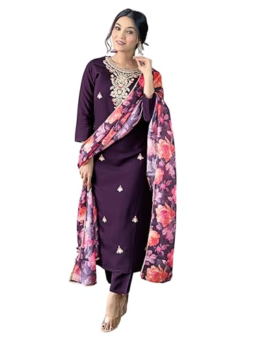 Image of Naixa Women's Rayon Embroidered and Printed Straight Kurta with Pant and Dupatta Sets (Available in Plus Size) (NX3-513)