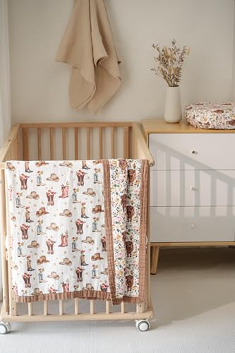 Image of Little Jump Cowgirl Floral & Highlandcow Muslin Blanket Baby Quilt - Silky Soft and Breathable Crib Blanket for Daycare - Large 47 inch x 47 inch - 2 Layers Toddler Summer Blankets for Girls (Cow Girl)