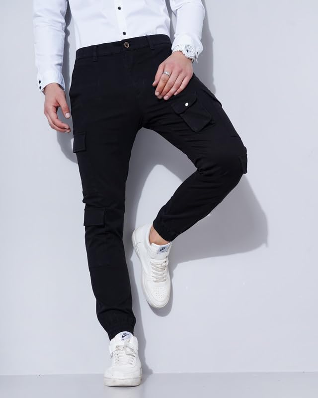 Image of British Club 98% Cotton, 2% Elastane Slim Fit Cargo Jogger Pants | Flat-Front Design | Adjustable Waistband | Multiple Pockets | Lightweight Fabric | Modern Style | Comfortable | Durable Black
