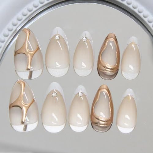 Image of White French Tip Press on Nails Star Fake Nails with 3D Gold Design Nude Glue on Nails Glossy Artificial Acrylic Full Cover Rhinestone Stick on Nails Short Almond False Nails for Women Manicure