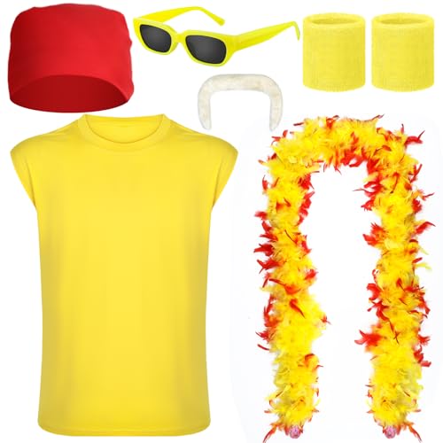 Cotwinter 6 Pcs Halloween Wrestler Costume Set Include Yellow Sleeveless T-shirt 6ft Feather Boa Mustache(XXL)