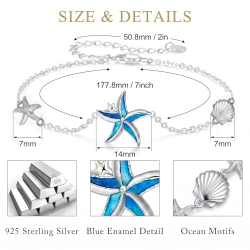 Image of Cuoka Starfish Bracelet 925 Sterling Silver with White Fire Opal Chain Bracelets Ocean Jewelry Birthday For Women