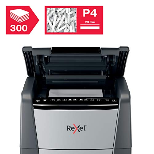 Rexel 2020300X Auto+ 300X: destructora automática de documentos de seguridad P4 con corte transversal, capacidad para 300 hojas, papelera de reciclaje extraíble de 60 litros, ruedas giratorias