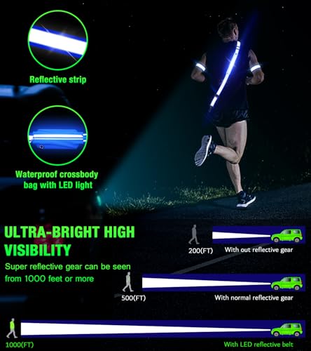 LED Belt Reflective Sash for Walking at Night,High Visibility Adjustable Night Running Safety Gear,Light Up Running Belt Reflective Gear with Phone Bag/Armband for Runners Walkers Men Women (Blue) - Image 2