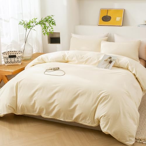 Image of ECOCOTT Duvet Cover Queen Size - 3 Piece 100% Washed Cotton Bedding Set, Soft and Breathable with Zipper Closure & 8 Corner Ties - Comfortable and Stylish for All Seasons (Cream)