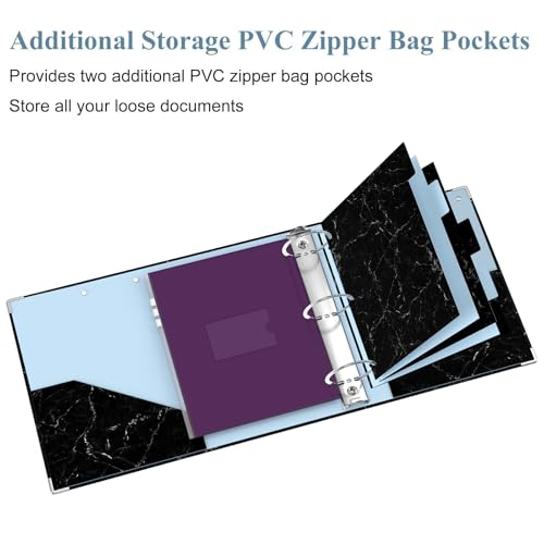 Image of 3 Ring Binder, 3 Inches Round Ring Binder with Clipboard, Dividers Tabs, PVC Zipper Bag Sleeves & to Do List Planners for Women, Men, School, Office Supplies, Black Marble