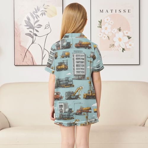 Satin Pajama Sets Short Sleeve Construction Vehicles and Buildings Button Down Silky Nightwear 2 Piece PJS 5-14Y4