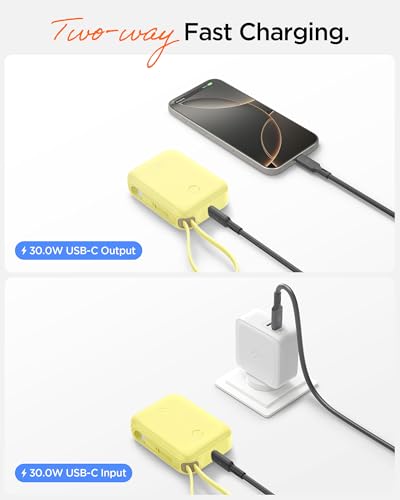 Image of Spigen ArcPack 10000mAh Power Bank with Built-in USB-C Cable,30.0W Fast Charging, 1 Type-C Cable, 1 Type-C Port, 1 USB-A Port - (ABS + PC | Pastel Yellow)
