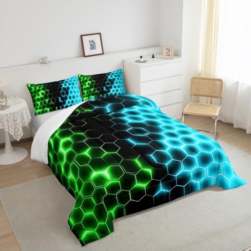 Image of Feelyou Green Blue Honeycomb Bedding Set Fluorescent Geometrics Hexagon Comforter Set Beehive Hexagon Comforter for Boys Girls Geometric Duvet Set Queen Size Quilt 3Pcs Boys