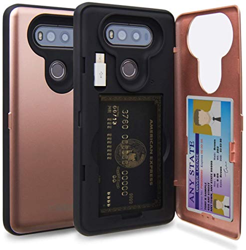TORU CX PRO Compatible with LG V20 Wallet Case - Protective Dual Layer with Hidden Card Holder, ID Slot Hard Cover, Mirror & USB Adapter - Rose Gold