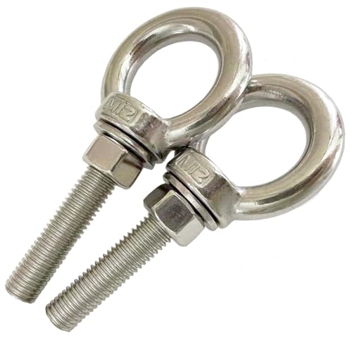 Image of 304 Stainless Steel Shoulder Eye Bolts, 2 PCS M12 Heavy Duty Eye Bolt Lifting Ring 2 inch Threaded Eyebolt with Nuts and Flat Washers(Thread Length 50mm) Muti-Function for Indoor Outdoor
