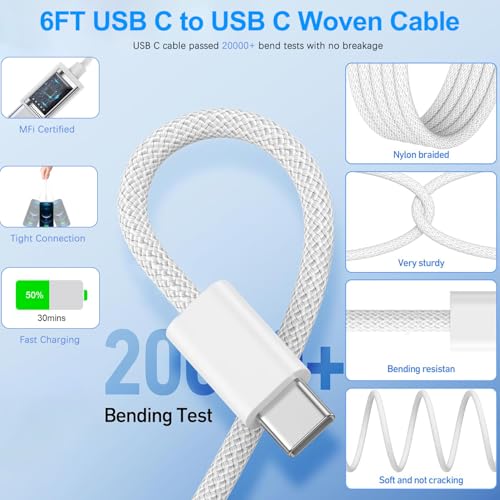 Image of iPhone 17 Charger Fast Charging, 40W Dynamic Wall Charger with 60W Max,2Pack USB C Charging Block Power Adapter 6FT USB C Woven Cable Cord for iPhone 17 Pro Max /17 Air /16e /15 Plus,iPad Pro /Air /Mini