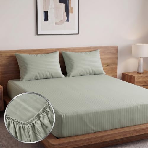 Image of Home Sizzler Microfibre Light Green Satin Stripe Elasticated Fitted King Bedsheet (72x78 Inches) with 2 Pillow Covers