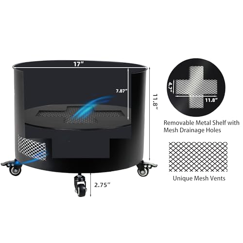 Grand Pot de Fleurs Rond en Acier Noir 43cm avec roulettes Verrouillables, Plateau Interne Amovible, Ventilation du Fond, Grande Capacité, Drainage Propre, Résistant et Durable – Image 3