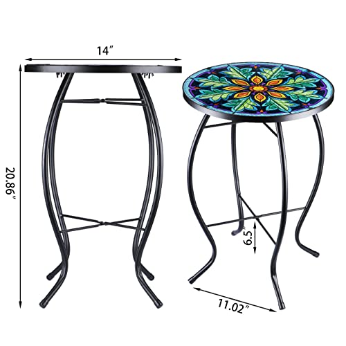 Vcuteka Outdoor Side Table Mosaic End Table Patio Side Table Small End Table Glass Top Round Balcony Coffee Table Porch Indoor Glass Top #TOP3
