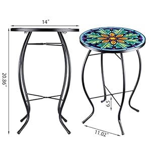 VCUTEKA Outdoor Side Table Mosaic End Table Patio Side Table Small End Table Glass Top Round Balcony Coffee Table Porch Indoor Glass Top