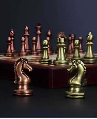 Image of 15.35'' Premium Retro Metal International Chess Board Set Vintage Brass Chess Pieces Wooden Checker Board Portable Folding Travel Chess Gift Box for Beginners and Professional Players