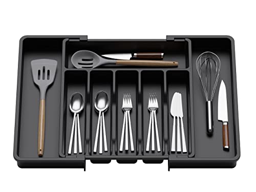 Lifewit Range Couverts, Plateau d'Ustensiles Extensible pour Tiroir, Organisateur de Tiroir Réglable pour la Cuisine, Rangement Compact en Plastique pour contenir des Cuillères, Fourchettes, Noir