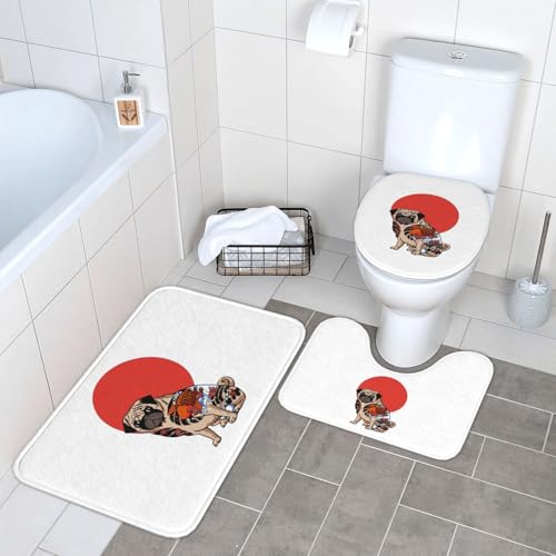 トイレマット パグ 犬 浮世絵 和風 バスマット 3点セット ふたカバー 吸水 おしゃれ 滑り止め トイレ床マット カーペット フタカバー 便座カバー U型 O型 兼用 浴室 家庭用