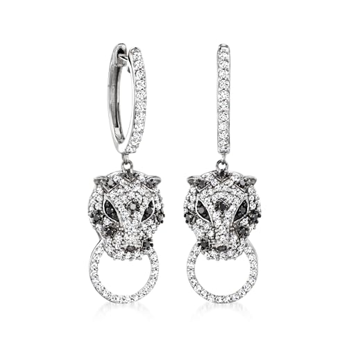 Ross-Simons 0.75 ct. t.w. Black and White Diamond Leopard Hoop Drop Earrings in Sterling Silver