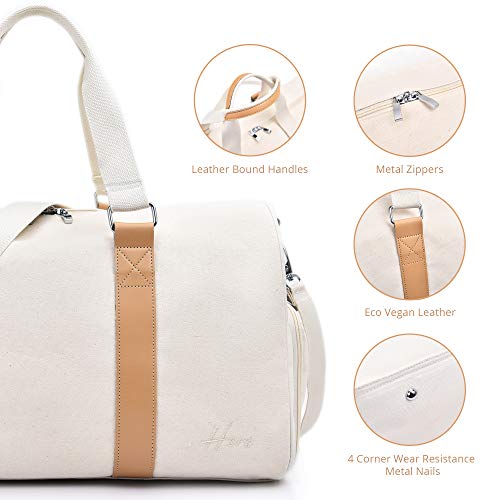 Hero Weekender Duffle Bag for Women and Men - Luxury Canvas Overnight Carry On Luggage - Travel, Beach, Gym, Hospital Duffel Tote Bag with Vegan Leather, Shoe Compartment