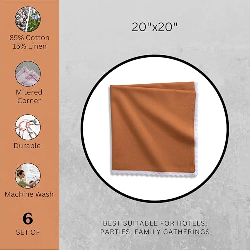 Image of FINGERCRAFT Lace Trim Cloth Napkins Set of 6, 20x20 Inch Cotton Linen Blend Dinner Napkins, Reusable Washable Table Napkins for Wedding, Farmhouse Dining, Parties & Home Decor (Rust)