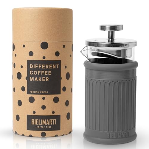 BIELIMARTI Cafetera de Prensa Francesa, 350 ml, Vidrio Borosilicato, Funda de Silicona Térmica,french press,cafetera de embolo (gris)