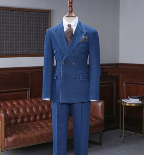 Fashion Men's Denim Suits 2 Pieces Double Breasted Prom Tuxedos Peak Lapel Regular Fit Blazer Pants for Evening Party2