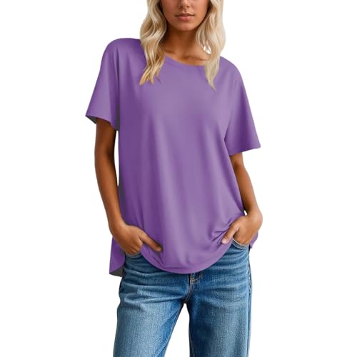 Camiseta clásica para mujer de color liso, informal, sencilla, cómoda, suave, diaria, manga corta, básica,, morado, M