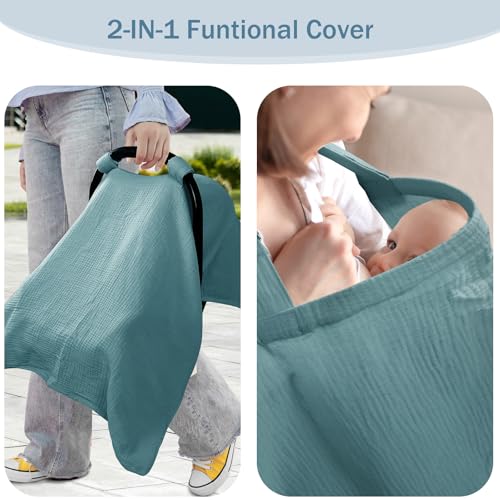 Image of Hooyax 2-in-1 Baby Car Seat Cover & Nursing Cover, 100% Muslin Cotton, Breathable Car Seat Canopy and Privacy Breastfeeding Cover, Blue