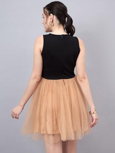 Image of Style Quotient Women Black Beige Colourblocked Net Dress