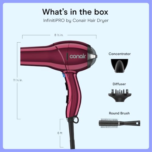 Image of Conair Hair Dryer with Diffuser, Concentrator & Round Brush, Burgundy | 1875W blow dryer for all hair types, includes 2 attachments and a round brush for added volume and defined texture