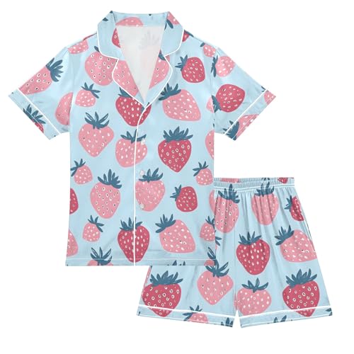 Strawberry Designs Pattern Summer Satin Pajama Set, Cute Button-Down Sleepwear Pj Set for Sleep Wears