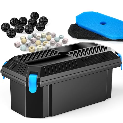 POPOSOAP Pond Filter for Outdoor Ponds Filter Box with 2 Filter Pads and 20 Bio-Balls for Outdoor Pond Pump Submersible Fountain Pump