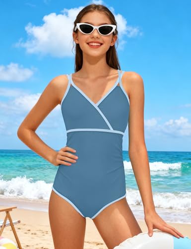 Image of BAVADER Girls Swimsuit One Piece Modest Girls Bathing Suit Solid Square Neck Ruched Adjustable Straps Padded Swimwear 9-16y