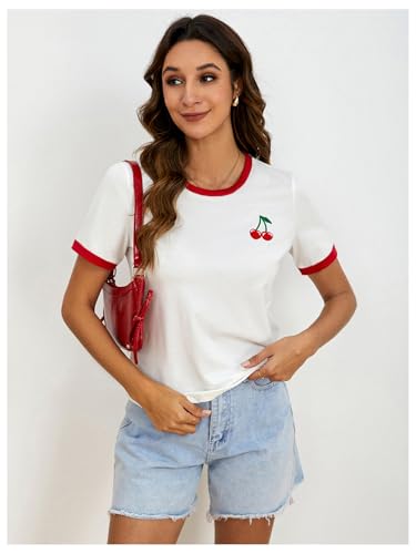 Women's Cherry Embroidery Print Shirt Contrast Color Neck Tee Short Sleeve Graphic Casual T Shirt Summer Tee Tops4
