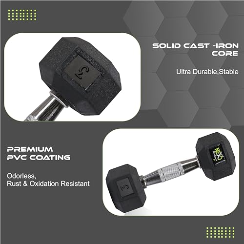 Image of NEXO Rubber Coated Hex Dumbbells for Home Gym Exercise | Workout Dumbbells Weights for Men & Women | 6kg Hex dumbbells set of 2 (3kg x 2) | Color - Black
