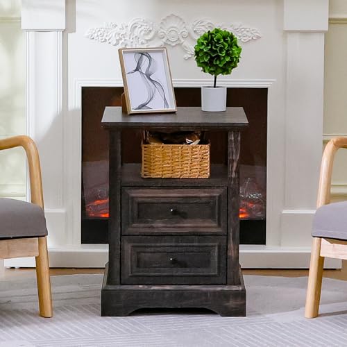 Image of ALBAD Farmhouse Nightstands with Charging Station,Walnut Brown Tabletop | End Tables with 2 Drawers, Open Shelf, USB Ports, Metal Knobs, for Rustic Bedroom Bedside, Living Room, Dorm
