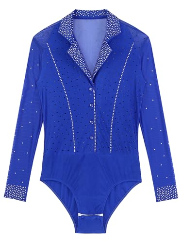 YEAHDOR Mens Long Sleeve Dance Bodysuit Shirt Button Sparkly Rhinestone Romper Latin Dance Cha-Cha Costume Blue Large