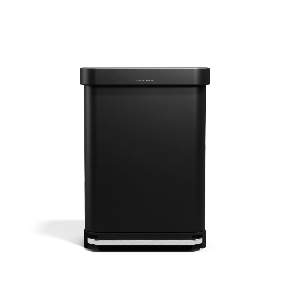 simplehuman Rectangular Pedal Bin, 55L Kitchen Bin, Liner Rim System, Liner Pocket®, 150,000-Step Pedal, Lid Shox® Silent Close, Matte Black Steel