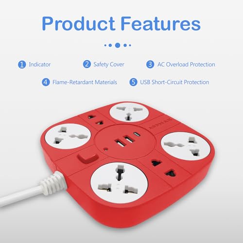 Image of ADDMAX Extension Board with USB | 6 Power Sockets, 2 USB Ports + 1 Type-C Port | 1.8M Heavy Duty Cord | 10A 220V Multi Plug Extension Cord | Fireproof Power Strip for Home, Office & Laptop - Red