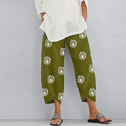 Image of Cotton Linen Capri Pants for Women 2025 Casual Printed Cropped Palazzo Pants Elastic Waist Lounge Baggy Trousers