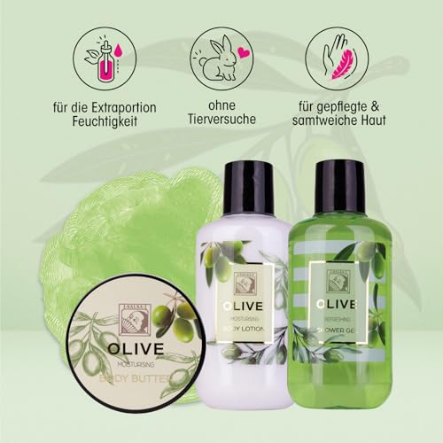 Accentra – Duschset Frauen Geschenkset OLIVE in schöner Geschenkbox, 4-teiliges Pflegeset mit Duschgel, Bodylotion, Körperbutter und Netzschwamm – Wellness Geschenk Set zum Geburtstag & Valentinstag – Bild 4