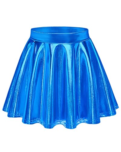 Auranso Girls Metallic Skater Skirt Sparkly Shiny Flared Pleated A-Line Mini Skort Bright Blue 8-10 Years