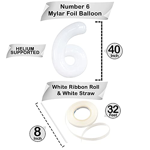 Image of KatchOn White Number 6 Balloon 40 Inch | 6th Birthday balloon for 6th Birthday Decorations, Six balloon Number, 6 Year Old Balloons for 6 Year Decorations