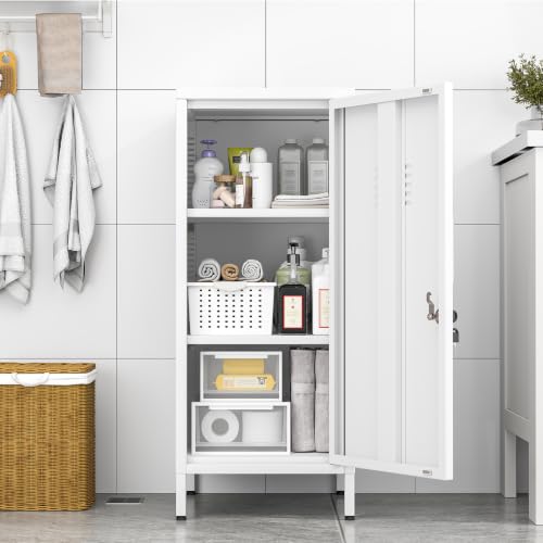 Image of pozdeg 35.43 inch White Lockable Small Metal Storage Locker | Employees Locker with 1 Door & 2 Adjustable Shelves, Steel Cabinet for Employees, Home, School, Office & Gym