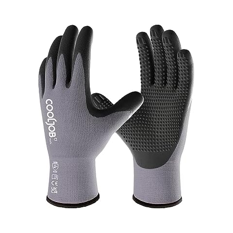 COOLJOB 3/6/12 Pairs Nitrile Rubber Coated Nylon Safety Work Gloves, Dotted for Non-Slip Grip, Breathable Soft Seamless Knit Nitrile Dipped Gloves for Warehouse, Home Improvement, Yard, Grey Medium Cover