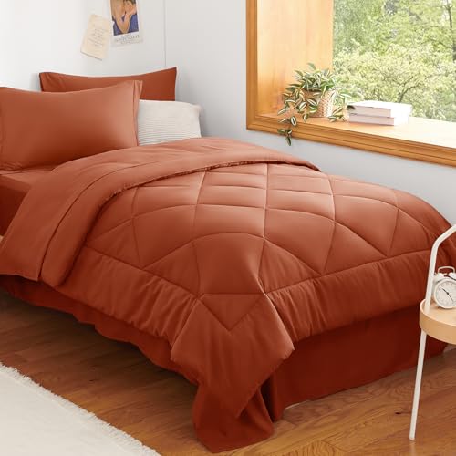 Image of CozyLux Twin XL Comforter Set Burnt Orange - 5 Pieces Twin Extra Long Bed in a Bag for College Dorm, All Season Bedding Set for Girls and Boys, Soft Bed Set with Comforter, Sheets, Pillowcase & Sham