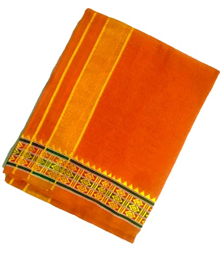 Kolakeer Men's Cotton Color Dhoti With Elegant Border - 4 Mulam/1.9 Mtrs Arunachalam Style Border Single Layer Veshti Mundu (Orange)