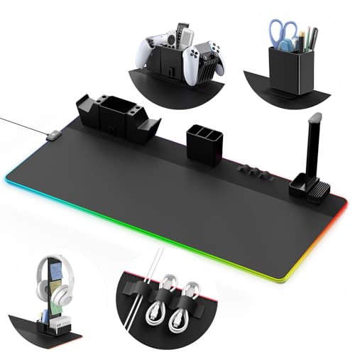 KDD Alfombrilla Ratón Gaming - Alfombrilla Escritorio de Modos de Luz Control Táctil - Mousepad con Set de Almacenaje Magnético para Soporte Mandos y Auriculares/Portabolígrafos/Tarjetero